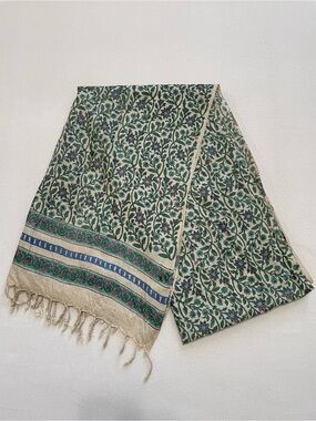 Back to Basics Vintage Floral Scarf Green Cream Boho Fringe Shawl Wrap Organic